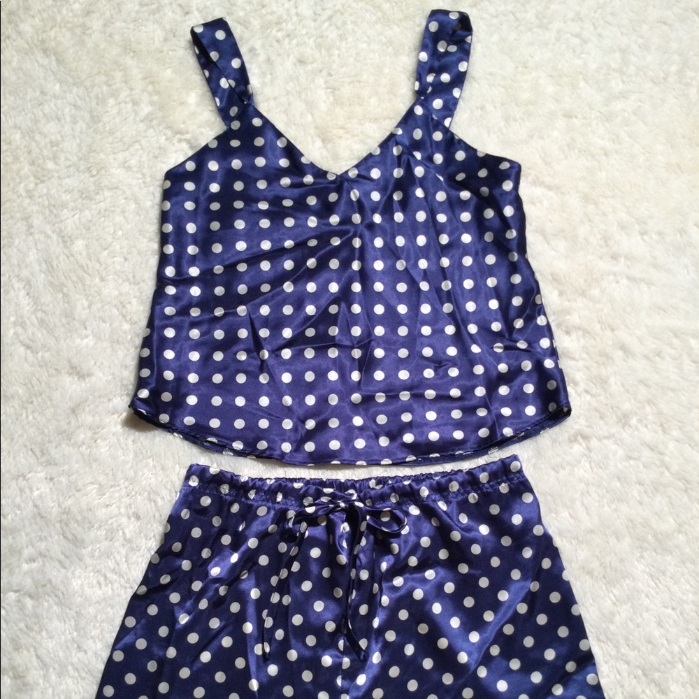 🌀2XHP!🌀VINTAGE | Satin Blue Silver Polka Dot PJs